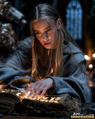 A young blonde woman in a gray robe reads an illuminated old book in the dark