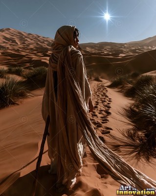 In a desert of sand dunes, a hooded woman in long robes walks toward a bright star