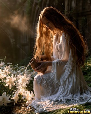 Pouring water from a clay jug, a woman in a white gown kneels by lilies