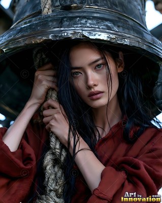 A dark-haired woman holding a rope under a metal bell