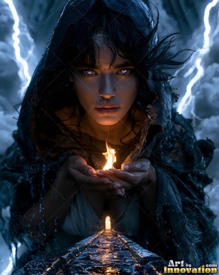 A woman in a torn dark hood holds a tiny flame as lightning flashes in storm clouds