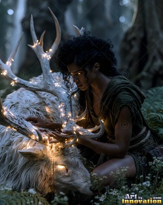 A woman touches a white stag in a dark forest, with small warm lights wound around its antlers