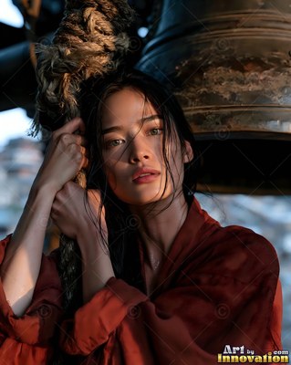 Looking up beside a large bell, a woman in red holds a thick rope