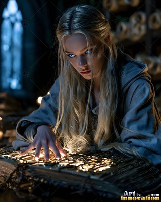 A blonde woman in a gray robe reads an open book shining with bright light