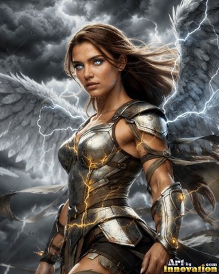 Under dark storm clouds, a winged woman in steel armor stands in flashes of lightning