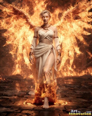 A woman with fire wings walks in a white dress