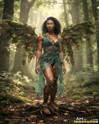 A feather-winged woman is standing in the woods, her green dress catching soft forest light