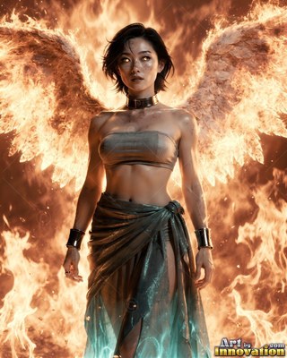 Standing in bright flames, a woman spreads large fiery wings