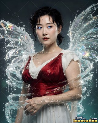 Woman in a red and pale dress with wings made of water churning