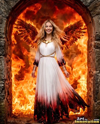 Burning wings frame a smiling blonde woman in a plain white dress inside a stone arch of fire