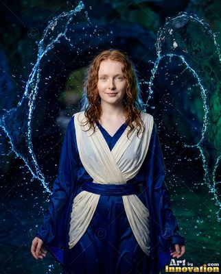 A red-haired woman is standing with wings made of churning water in soft cool light
