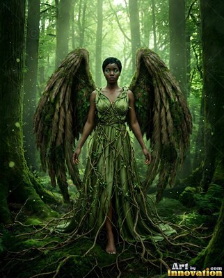 Standing in a dense forest, a woman with wings wears a green vine dress