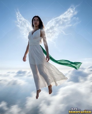 A woman in a white dress floats in the blue sky with cloud wings