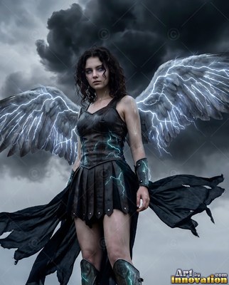 Under dark storm clouds, a winged woman stands in black armor with lightning across her wings