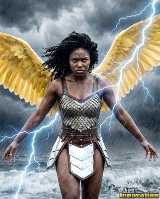 Standing in ocean spray, an armored woman spreads yellow wings in rain and lightning