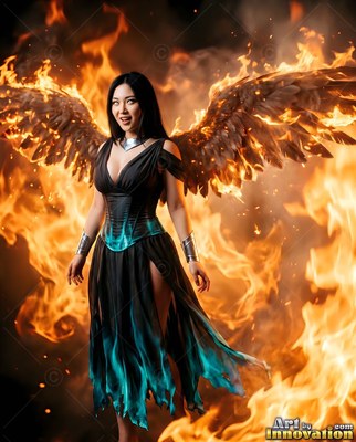 A woman in a black and teal dress with fiery wings in bright flames