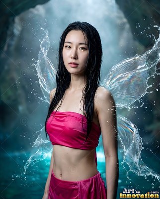 Wet black hair frames a woman with water churning wings inside a dark sea cave