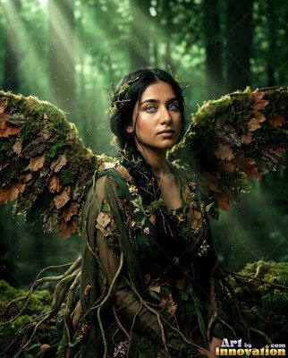 A woman rests with leafy wings under soft green sunlight in the woods