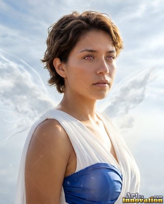 Turned slightly against the sky, a woman with cloud wings wears a plain white dress