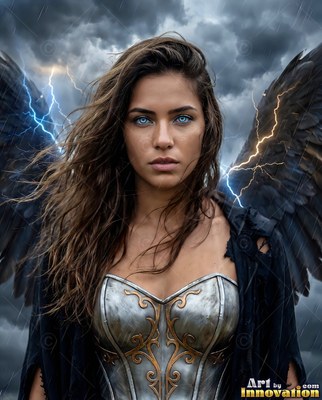 A blue-eyed woman in silver armor stands with black wings as lightning strikes