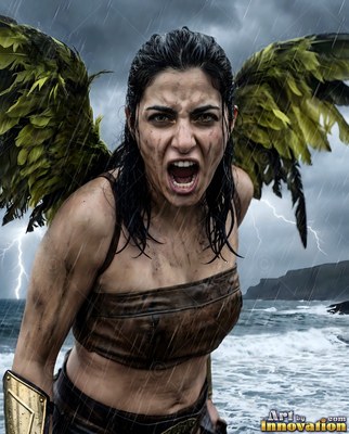 In a sea storm, a winged woman yells in the rain with green feathers behind her