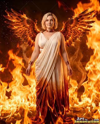 Standing in flames, a woman with wings wears a cream robe dipped in fire