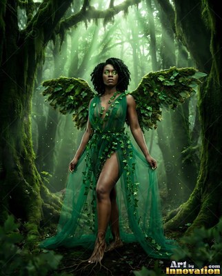 Wearing a sheer green leaf dress, a woman with wings stands in a misty forest