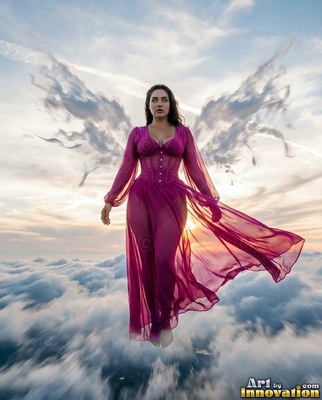 A woman in a magenta dress flies on cloud wings in warm sunset light
