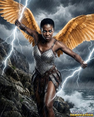 A winged Black woman in armor holds lightning bolts in a storm by the sea