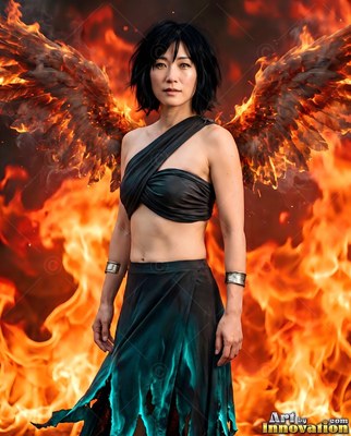 In rising orange flames, a woman with wings stands in dark clothes