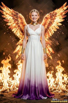 Smiling woman in a white dress with fiery wings in fire