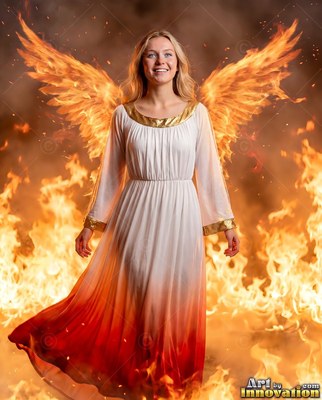 Wearing a dress in white dipped in red, a smiling blonde woman stands before fire with flame wings