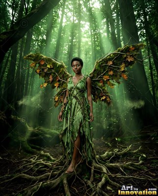 Standing woman with leafy wings on twisted roots in a green forest