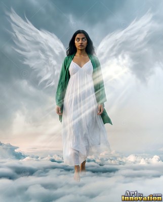 A winged woman in a plain white dress walks through clouds under sunlight