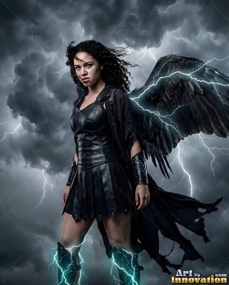 Under dark storm clouds, a feather-winged woman in black leather stands with lightning