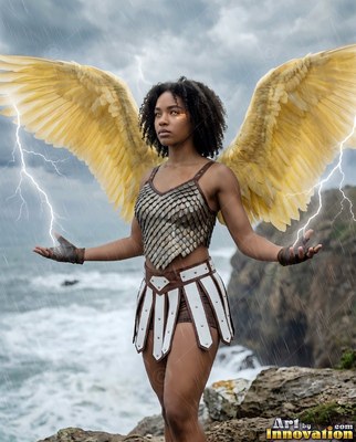 Holding lightning in her hands, an armored woman with yellow wings stands on a stormy coast