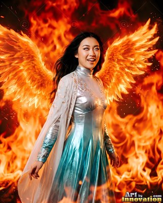 Woman with fiery wings in a blue dress before bright flames