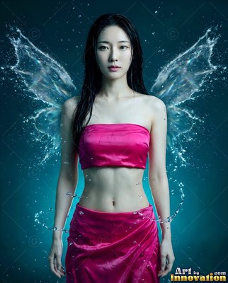 Wearing a bright pink two-piece dress, a woman with wings made of spraying water stands against a dark teal background