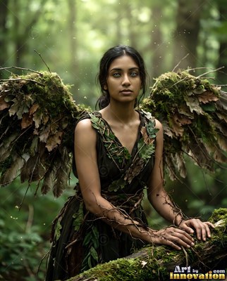A woman with wings of dried leaves leans on a log in the soft green forest light
