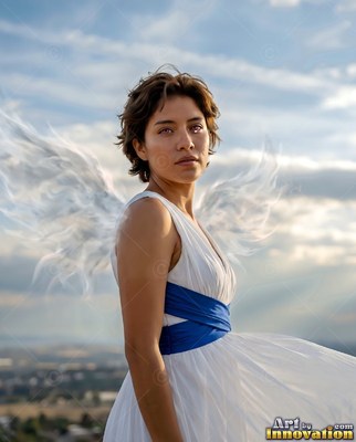 Turned sideways against the sky, a woman stands with soft cloud wings