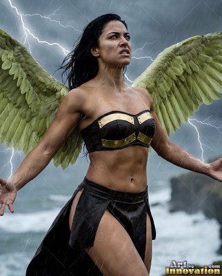 In a stormy sky with lightning, a feather-winged woman in dark armor shouts in the rain