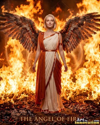 Standing before a wall of flames, a winged woman wears a red and cream robe