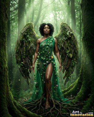 A dark green vine dress drapes over a feather-winged woman rooted to a mossy forest floor