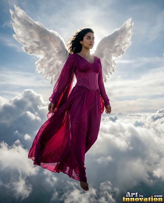 A winged woman floats over clouds in a magenta dress with the sun behind her wings