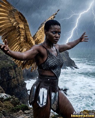 A Black woman with brown wings spreads her arms on a rainy sea cliff
