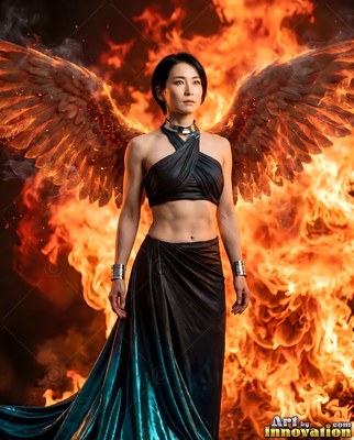 Before bright flames, a woman with wings in a black halter top stands tall