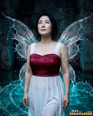 Looking upward, a woman in a red and pale dress stands with wings made of water splashing