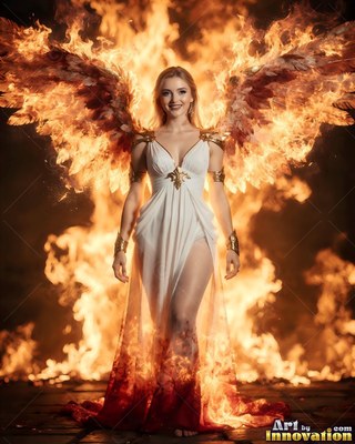 Woman in a white dress with burning wings of fire