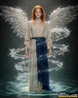 Red hair frames a woman in a cream and blue robe with wings made of splashing water in a dark pool