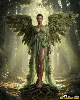 A winged woman stands among tree roots in a forest under soft pale sunlight